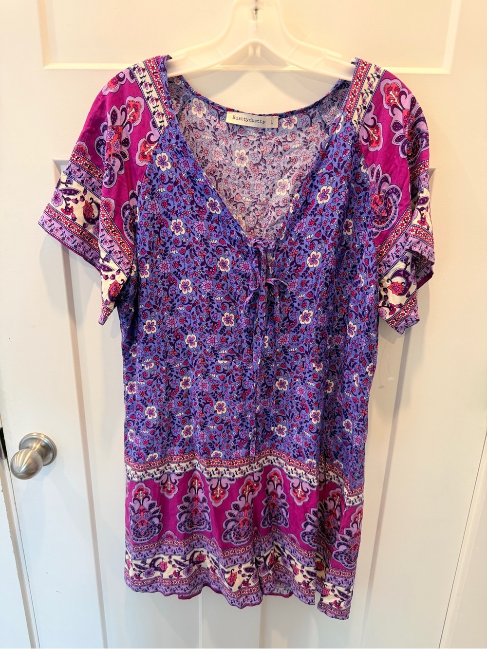 Rusttydustty Boho Floral Romper L Purple Paisley Tie Front Short Sleeve Viscose